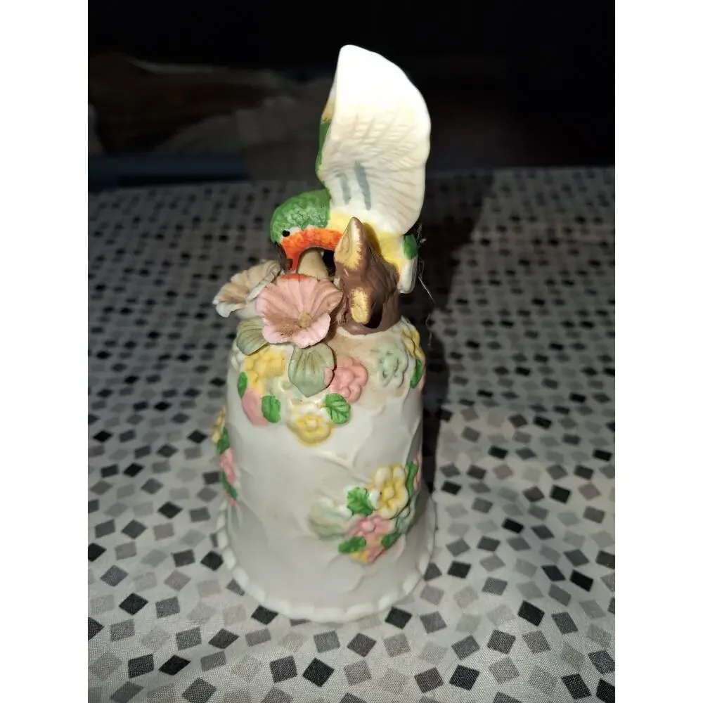 Vintage Bisque Porcelain Hummingbird Bell Figurine Flowers